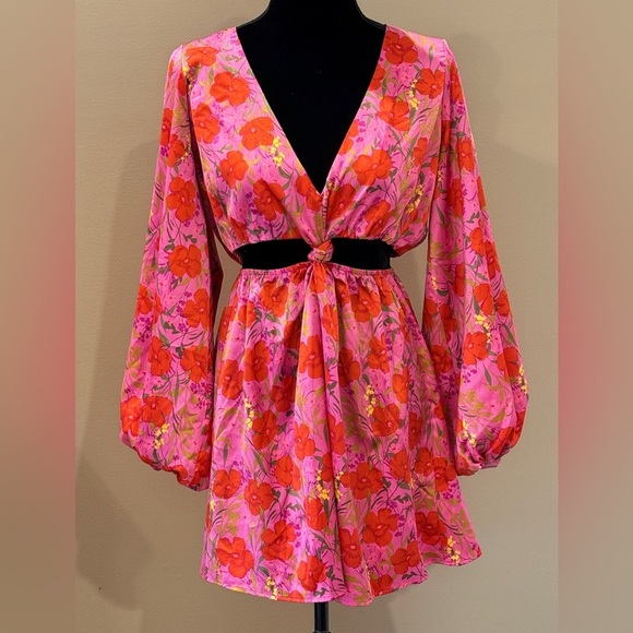 Women’s SHOW ME YOUR MUMU Christina Mini Floral cutout long sleeve dress- Size L - Picture 4 of 8